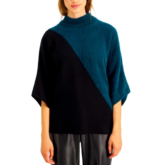 Alfani Sweaters - ALFANI Womens Teal Black Mock Neck Kimono Sleeve Sweater Small Soft Oversized
